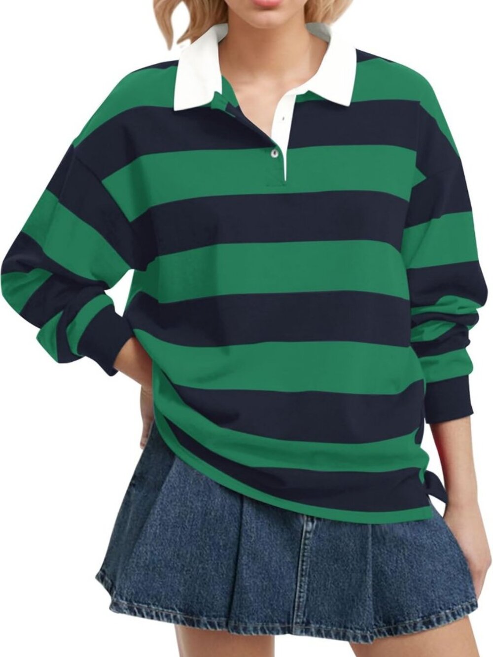 Oversized Striped Long Sleeve Polo Shirt | Casual Rugby Sweatshirt for Women